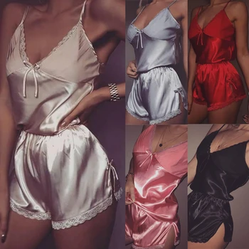 2021 Naujas Moterų Sleepwear Sexy Satin Pajama Nustatyti Baltos spalvos Nėrinių V-Kaklo, Pižamos Rankovių Mielas Cami Viršų ir Šortai
