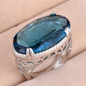 Prabangus Didelis Žiedas Moterims, Sidabro Spalvos, Tuščiavidurė Vintage Papuošalai Mozaikos jūros mėlyna Cirkonis Žada Sužadėtuvių Žiedai Moterims