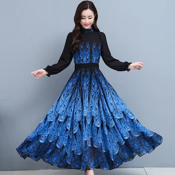 Temperamentas Suknelės Moterims 2020 M. Rudenį Naujų Šifono Aukšto Juosmens ilgomis Rankovėmis korėjos Suknelė Spausdinimo Raudona Mėlyna Drabužiai