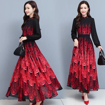 Temperamentas Suknelės Moterims 2020 M. Rudenį Naujų Šifono Aukšto Juosmens ilgomis Rankovėmis korėjos Suknelė Spausdinimo Raudona Mėlyna Drabužiai