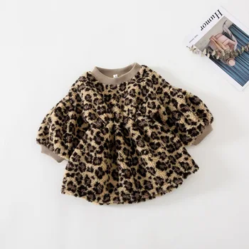 Rudenį ir Žiemą korėjos stiliaus mados ilgomis rankovėmis sutirštės Leopardas Spausdinti Sunkiųjų Liemenė suknelė cool mielas kūdikis mergaitės