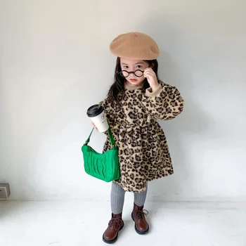 Rudenį ir Žiemą korėjos stiliaus mados ilgomis rankovėmis sutirštės Leopardas Spausdinti Sunkiųjų Liemenė suknelė cool mielas kūdikis mergaitės