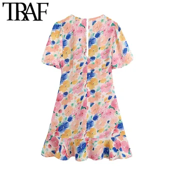 TRAF Moterų Mados Mazgas Su Gėlių Spausdinti Susiėmę Mini Suknelė Vintage Trumpas Rankovės Atgal Užtrauktuką Moterų Suknelės, Vestidos