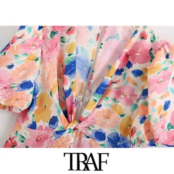 TRAF Moterų Mados Mazgas Su Gėlių Spausdinti Susiėmę Mini Suknelė Vintage Trumpas Rankovės Atgal Užtrauktuką Moterų Suknelės, Vestidos