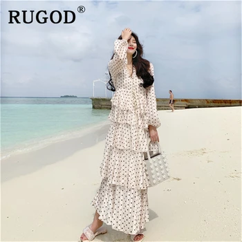 RUGOD Boho dot spausdinti beach party dress moterų elegantiškas ruffles nėrinių šifono suknelės vestidos moterų korėjos ilgas, maxi suknelės