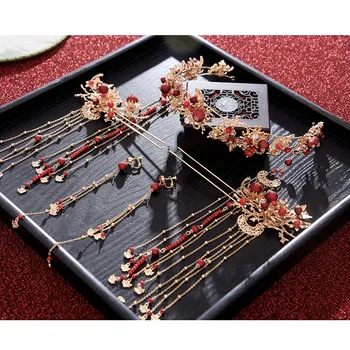 Naujas Kinijos raudona coronet stiliaus hairbands plaukų lazdelių rinkinius Nuotakos plaukų gabalas nuotakų Vestuvių tiara