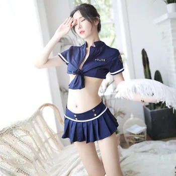 Mėlynos/Baltos Seksualus policininkės uniformą Cosplay Kostiumai, seksualus moteriškas apatinis trikotažas, seksualus palydovė policijos sailor slutty sijonas moksleivė vienodas
