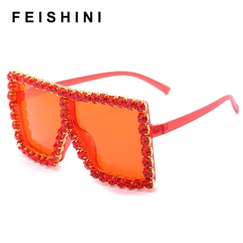 Feishini 2020 Festivalis Spalvingas Moterų Negabaritinių Akiniai nuo saulės Hip-Hop Deimantų Kristalų Rankų darbo UV400 Dizaino Vasaros Sunglass Aikštėje