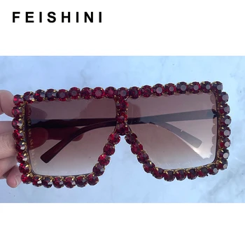 Feishini 2020 Festivalis Spalvingas Moterų Negabaritinių Akiniai nuo saulės Hip-Hop Deimantų Kristalų Rankų darbo UV400 Dizaino Vasaros Sunglass Aikštėje