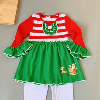 Karšto pardavimo vaikų spausdinimo suknelė rinkiniai raudonos juostelės ilgomis rankovėmis suknelė medvilnės kelnės nustatyti Pynimas Susiuvimo Kalėdų Kūdikių Mergaičių Rinkiniai