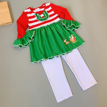 Karšto pardavimo vaikų spausdinimo suknelė rinkiniai raudonos juostelės ilgomis rankovėmis suknelė medvilnės kelnės nustatyti Pynimas Susiuvimo Kalėdų Kūdikių Mergaičių Rinkiniai