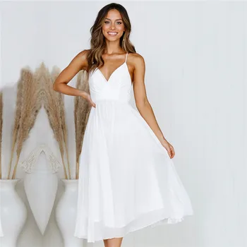 Elegantiškas Spageti Dirželis Plisuotos Suknelė Moterims Vasaros Sexy V Kaklo Šifono Suknelės Beach Party Balta Vestidos