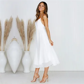 Elegantiškas Spageti Dirželis Plisuotos Suknelė Moterims Vasaros Sexy V Kaklo Šifono Suknelės Beach Party Balta Vestidos