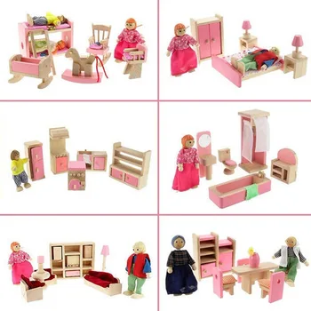 Medinis Lėlių Namas Baldai Miniatiūrinės Virtuvės Lova Kambarį restoranas, miegamasis, virtuvė, vonios kambarys Vaikas, Vaikai Apsimesti Žaislas