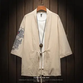 M-5XL Japonijos Streetwear Kimono Marškinėliai Vyrams Kinų Drakonas Embroiderd 3/4 Rankovės iškirptę be apykaklės Marškinėliai Medvilnės Office Dėvi XXXXXL