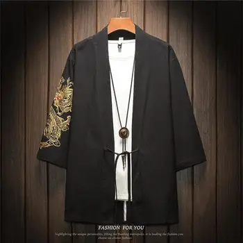 M-5XL Japonijos Streetwear Kimono Marškinėliai Vyrams Kinų Drakonas Embroiderd 3/4 Rankovės iškirptę be apykaklės Marškinėliai Medvilnės Office Dėvi XXXXXL