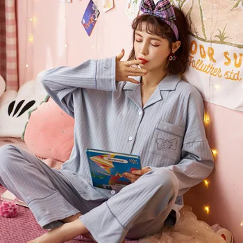 Medvilnės Pižama rinkiniai Moterims Rudenį pižama ilgomis rankovėmis Sleepwear Merginos Patogiai pižamos Perspėti, Žiemą Namuose drabužiai