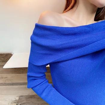 2020 nauja Seksuali Mezgimo Megztinių megztinis moterų Elegantiškas Velniop kaklo rudenį topai marškinėliai Moteriška mėlynos spalvos megztinis Gatvės