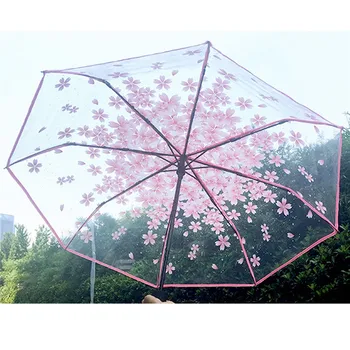 Skaidrus Skėtis Nuo Lietaus Moterų Cherry Blossom Grybų Sakura Ponios Aišku, Skėčiai Moterų Mielas Gėlių Paraguas Trasnparente