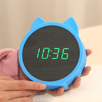 LED Mediniai žadintuvai Vaikas laikrodis Cute Kačių Silikono Elektroninių Medinio stalo laikrodis Animacinių filmų Kalendorius Tobulumo Balso Kontrolė