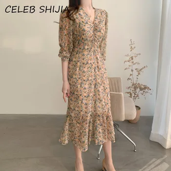 SHIJIA Naujų Rudens V-kaklo spausdinti Suknelė Moteris Visą rankovės gėlių rožinės spalvos šifono bodycon moteriška suknelė rudenį 2020 elegantiškos mados