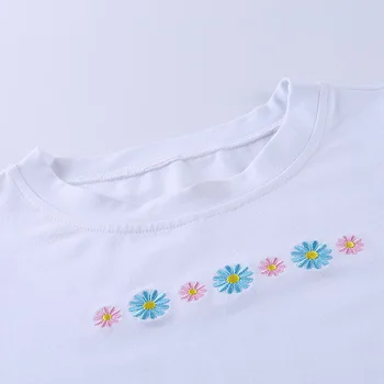 InstaHot baltos spalvos gėlių siuvinėjimas, marškinėliai trumpomis rankovėmis medvilnės o kaklo trumpomis rankovėmis pasėlių viršuje vasaros viršūnes atsitiktinis streetwear tee viršų