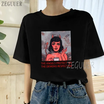 ANGELAI APSAUGOTI MANE DEMONAI MANE GERBTI Spausdinti Marškinėlius Harajuku Vintage Marškinėliai Grunge Moteris 