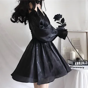 Korėjos Gotikos Tamsiai Lolita Saldus Mergina Dress Juodas Diržas Derliaus Rafinuotą Stilių Harajuku Girls Sexy Angel Lolita Gotikos Moteris Suknelė