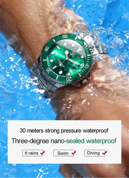 Naujas Žalias Vanduo Dvasios Vyrų Žiūrėti Kvarcas Nerūdijančio Plieno, atsparus Vandeniui verslo laikrodžiai 3D didelis ciferblatas Šviesos vyrų laikrodis OLIVES5885