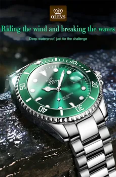 Naujas Žalias Vanduo Dvasios Vyrų Žiūrėti Kvarcas Nerūdijančio Plieno, atsparus Vandeniui verslo laikrodžiai 3D didelis ciferblatas Šviesos vyrų laikrodis OLIVES5885