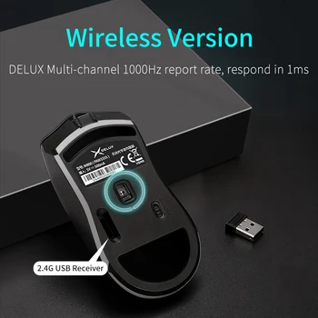 Delux M800 RGB 2.4 Ghz Wireless + Laidinio Žaidimų Pelės Dvitinklis Režimas 16000 DPI Lengvas, Ergonomiškas 1000Hz Pelių su Minkšta virvę Kabelis