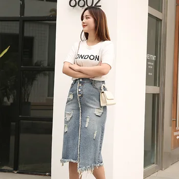 Korėjos Stiliaus Nesimetriškas Streetwear Moteris Aukštos Juosmens Džinsai, Sijonai, Kelio Ilgis Plius Dydis Moterų Mygtuką Skristi Kankina Džinsai Sijonas