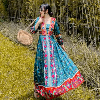Vasaros 2020 naujas ponios kelionės atostogų suknelė Tailando etninių stiliaus Nepalas retro spausdinti suknelė bohemijos paplūdimio ilga suknelė