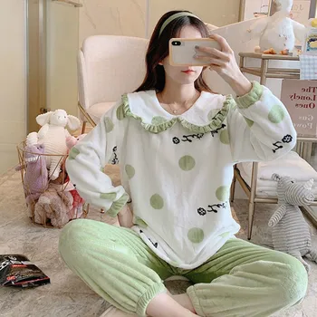 O-kaklo Moterų Flanelė Pižama Nustatyti 2020 m. Rudens Žiemos WAVMIT Moterų Sleepwear Nustatyti Tirštėti Šiltas Moterų Pižamos Print Long Sleeve