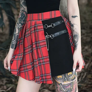 Mados Streetwear Sagtis Moterų Goth Sijonas Gothic Punk Sijonai Moterims, Raudonos Spalvos Pledas Klostuotas Sijonas Aukštu Juosmeniu Kratinys Mini Sijonas