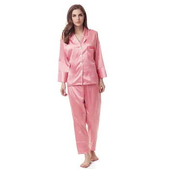 Matinis ilgos satino pižama Nustatyti, Paprasta, Gryna Spalva Laisvalaikio naktiniai drabužiai Rankovėmis moterų pižama nustatyti šilko pajama F9000A