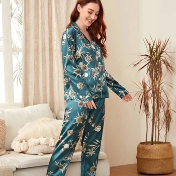 Plus Size Pj Rinkiniai Moterims Šilko Satino Pižama Pižamos Nustatyti Sleepwear ilgomis Rankovėmis Pižamos Mielas Viršų ir Ilgas Kelnes Pijama Sleepwear