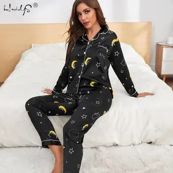 Plus Size Pj Rinkiniai Moterims Šilko Satino Pižama Pižamos Nustatyti Sleepwear ilgomis Rankovėmis Pižamos Mielas Viršų ir Ilgas Kelnes Pijama Sleepwear