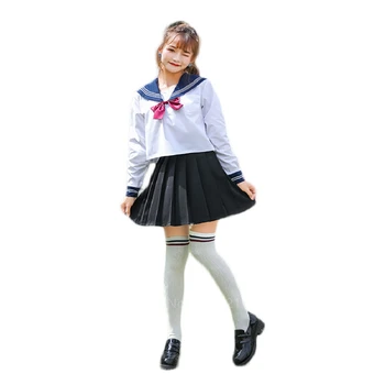 Japonų Stiliaus Moteris mokyklinę Uniformą ilgomis Rankovėmis karinio jūrų Laivyno Jūreivis Kostiumas Studentų Anime JK Vienodas Klostuotas Sijonas, Lankas, Cosplay Kostiumas