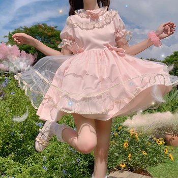 Japonijos Vasaros Saldus, Minkštas Girly Moterų Suknelės, Kawaii Sluoksniuotos Rankovėmis Suknelės Mielas Ruffles Lankas Gazas Purus Lolita Stiliaus Suknelė