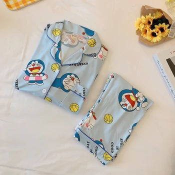 Tonngirls Mergaičių Naktiniai Marškiniai, Pižamos Nustatyti Mielas Pavasario Laisvalaikio Sleepwear Moterų Animacinių Filmų Spausdinti Naktiniai Drabužiai Homewear Kostiumas Doraemon Pižamos