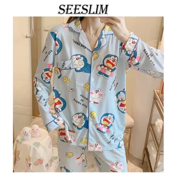 Tonngirls Mergaičių Naktiniai Marškiniai, Pižamos Nustatyti Mielas Pavasario Laisvalaikio Sleepwear Moterų Animacinių Filmų Spausdinti Naktiniai Drabužiai Homewear Kostiumas Doraemon Pižamos