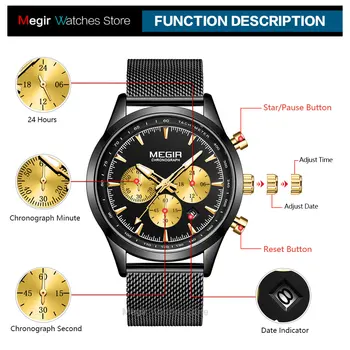MEGIR Karinės Sporto Laikrodžiai Vyrų 2020 Naujas Prabangus Vandeniui Šviesos Laikrodis Vyras Juodojo Aukso Tinklelio Juostos Chronograph Žiūrėti 2153