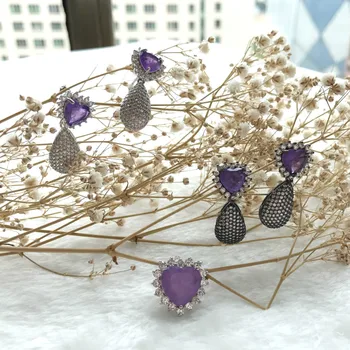 EYIKA Prabangos Sintezė Kristalų Kriaušių Stud Auskarai širdies violetinė crystal ir balta Micro Cirkonis korėjos earings bižuterijos 2020 m.