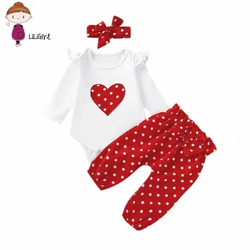 LILIGRIL Naujagimiui Mergaičių Drabužius ilgomis Rankovėmis Širdies Print T-shirt+raudona Polka Dot Kelnės+Lankelis Kūdikiams, Kūdikių Mergaičių Drabužių Rinkinys