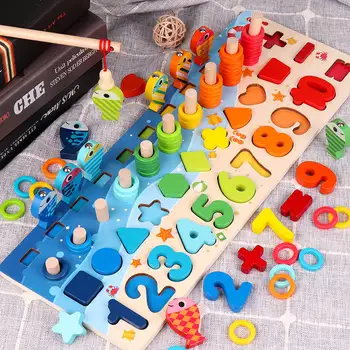 3D auginančių Ikimokyklinio amžiaus vaikus, švietimo žaislai, mediniai Montessori aritmetinis magnetinio žvejybos skaitmeninės formos atitikimo pastato blokas žaislai