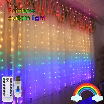Kalėdų Vaivorykštė LED Pasakų Žibintai Girliandą Užuolaidų String Apšvietimas Nuotolinio valdymo Lange Atostogų apšvietimo Namų Puošybai