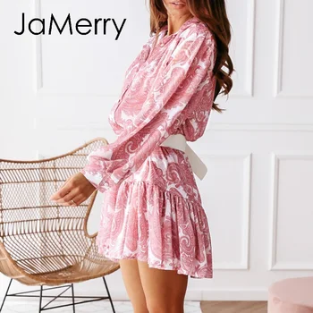 JaMerry Atsitiktinis rožinė spausdinti ilgomis rankovėmis šifono suknelė Rudens atostogų aukšto juosmens pynimas suknelė Office lady moterų suknelė vestidos