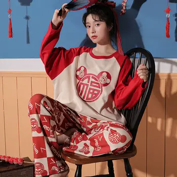Pajama Komplektai Moterų Prašmatnus Animacinių Filmų Puikus Korėjos Femme Sleepwear Minkštas Negabaritinių Pavasarį, Rudenį Preppy Lady Dviejų Dalių Komplektas Kawaii Pižama