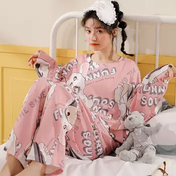 Pajama Komplektai Moterų Prašmatnus Animacinių Filmų Puikus Korėjos Femme Sleepwear Minkštas Negabaritinių Pavasarį, Rudenį Preppy Lady Dviejų Dalių Komplektas Kawaii Pižama